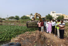 చినరాయుని చెరువు శుభ్రపరిచే పనులు వేగం పర్యవేక్షించిన శాంతి శ్రీనివాస్ రెడ్డి. |